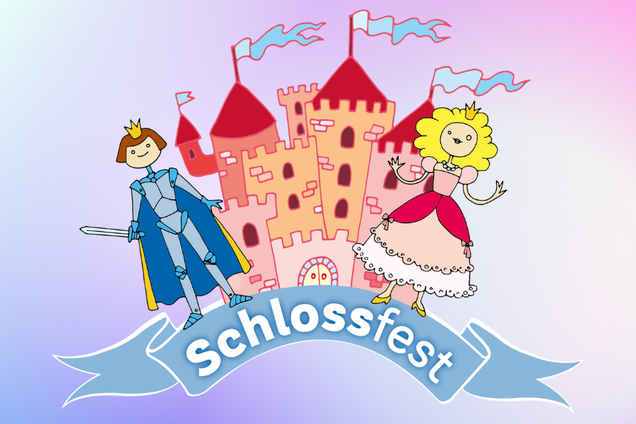 Farbenfrohes Zeichentrick-Schloss mit hohen Türmen, bunten Fahnen und einem strahlend blauen Himmel, umgeben von grünen Wiesen und blühenden Blumen, ideal für ein Schlossfest-Event.