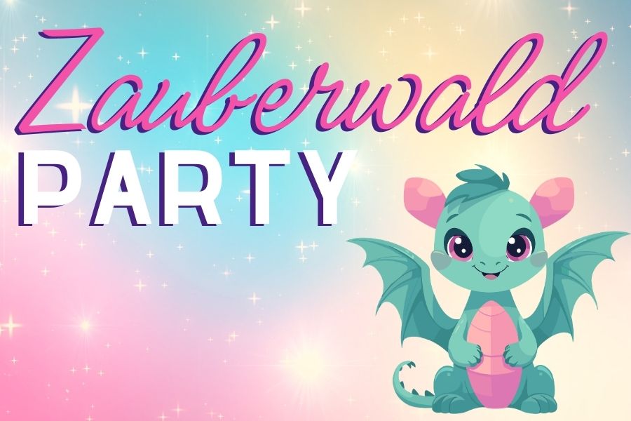Kindertanz Regensburg – Einladung zur Zauberwald-Party mit Drache und buntem Hintergrund